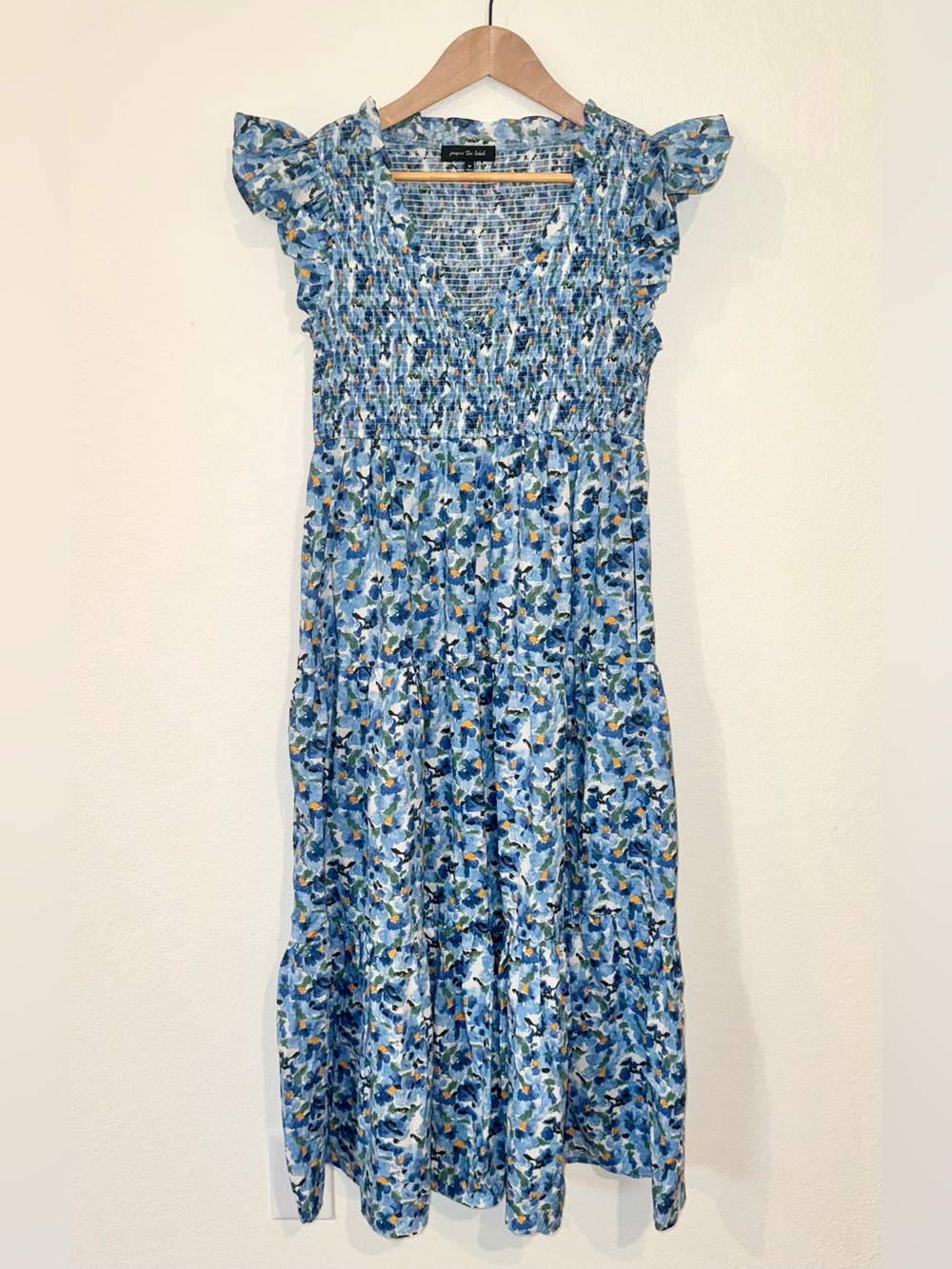 Jacquie The Label Blue Floral Smocked Tiered A-Line Midi Dress w/ Ruffle Sleeves